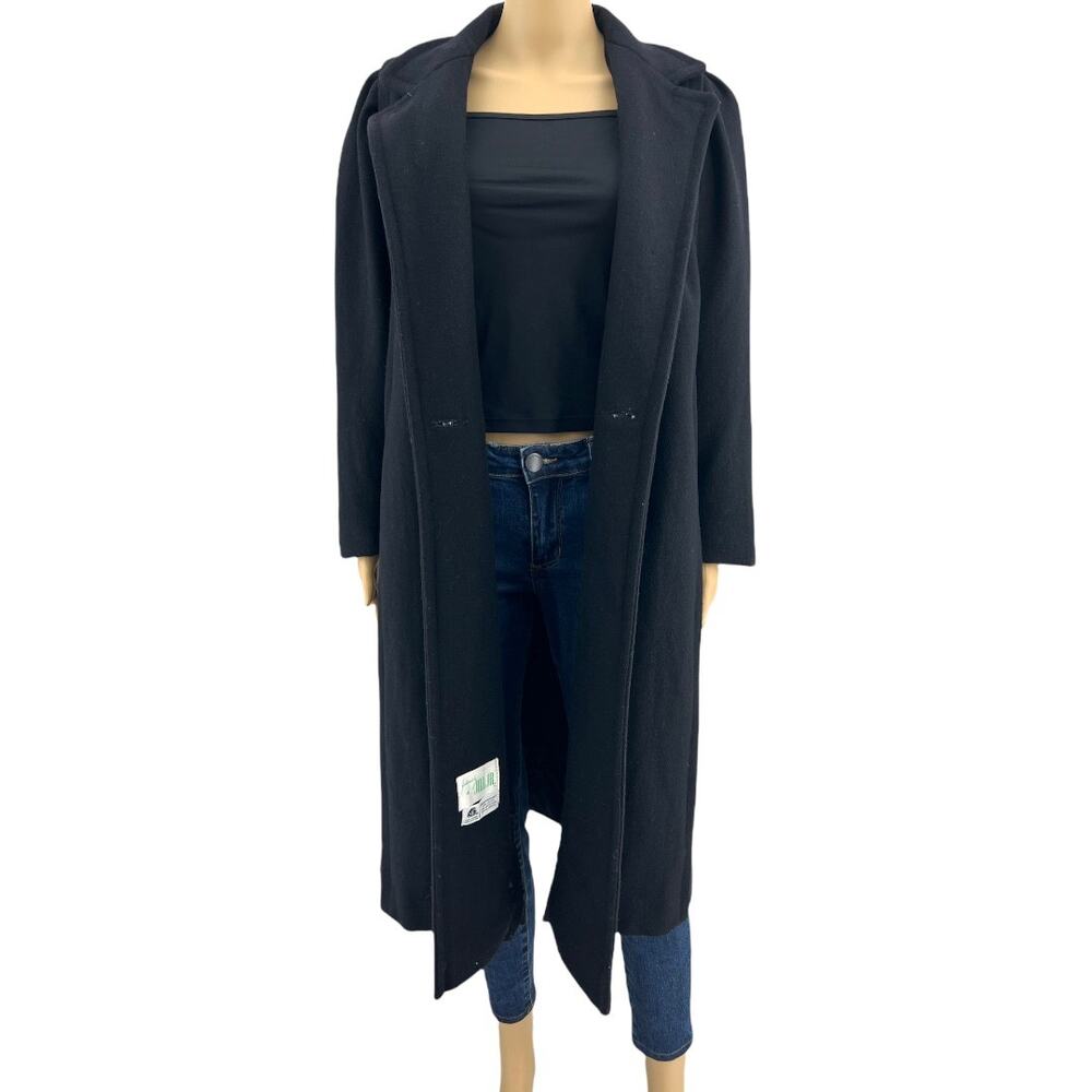 Vtg 70s Jill Jr Black Wool Opera Trench Coat Minimalist Goth Duster USA MEDIUM
